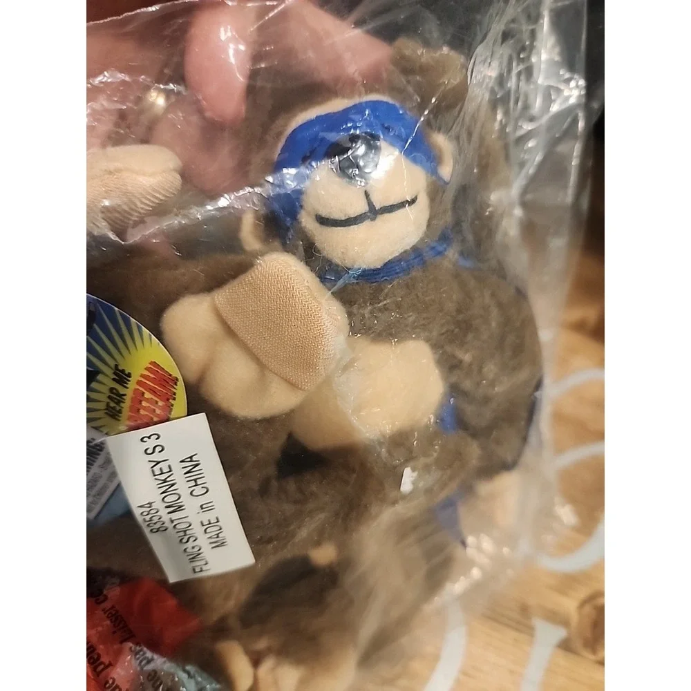 NEW Set Of 3 Flingshot Flying‎ Monkey Plush 2006 Red, Blue & Black Sealed